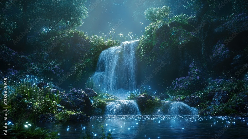 A serene waterfall surrounded by moss-covered rocks and glowing vegetation A serene waterfall surrounded by moss-covered rocks and glowing vegetation