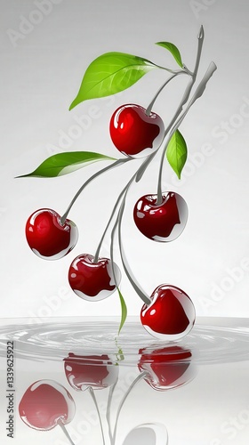 Stunning Glossy Cherries in Water Reflection - A Vibrant Fruit Still Life