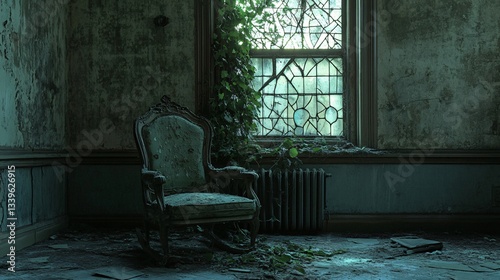 A decrepit room with an overgrown rocking chair near a window. Decay and abandonment are evident in the peeling walls and plant growth. A somber atmosphere prevails.
