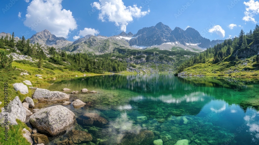 Fototapeta premium Serene Mountain Lake Reflection, Breathtaking Alpine Vista