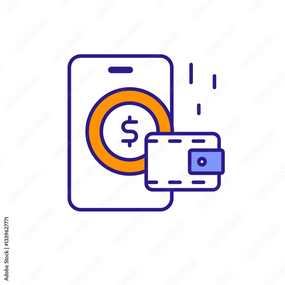 Colored Virtual Wallet Icon with Coins and Money. Colored Virtual Wallet Icon with Coins and Money.