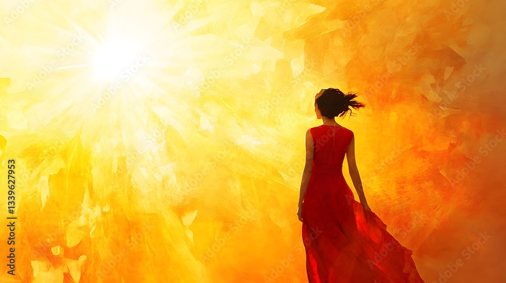 custom made wallpaper toronto digitalWoman in Red Dress Walking Towards Bright Sunlight
