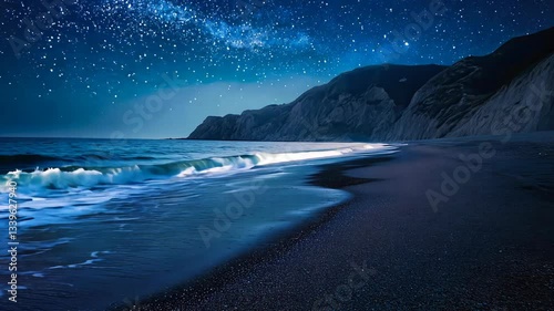 night sky with a calm ocean and mountains in the background. The stars are shining brightly, creating a serene and peaceful atmosphere