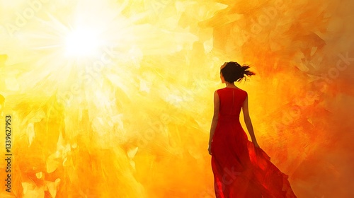 Wallpaper Mural Woman in Red Dress Walking Towards Bright Sunlight Torontodigital.ca