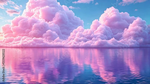 Beautiful pink and blue sky with fluffy clouds and a calm body of water. The sky and water are reflecting each other, creating a serene and peaceful atmosphere