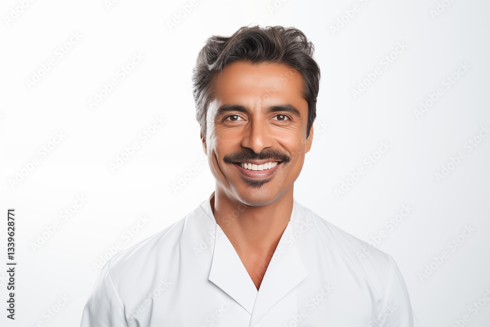 Smiling Indian dentist on white background providing professional dental care and promoting oral health with a friendly and confident approach to patient treatment and dental hygiene. Smiling Indian dentist on white background providing professional dental care and promoting oral health with a friendly and confident approach to patient treatment and dental hygiene.