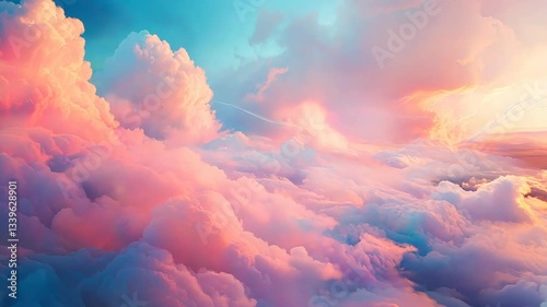 Beautiful pink and purple sky with fluffy clouds. The sky is filled with a sense of wonder and awe, as if it is a painting come to life. The colors are vibrant and the clouds are soft