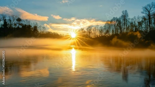 Beautiful sunrise over a lake with a sun reflecting on the water. The sky is filled with clouds, creating a serene and peaceful atmosphere