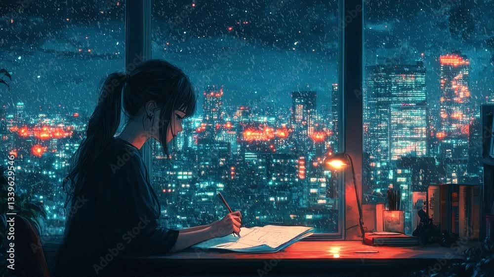 Lofi Girl studying at her desk. Rain ourside, beautiful chill, atmospheric wallpaper design, anime girl, animation, seamless loop. 4K background. lo-fi, hip-hop style. Anime manga style