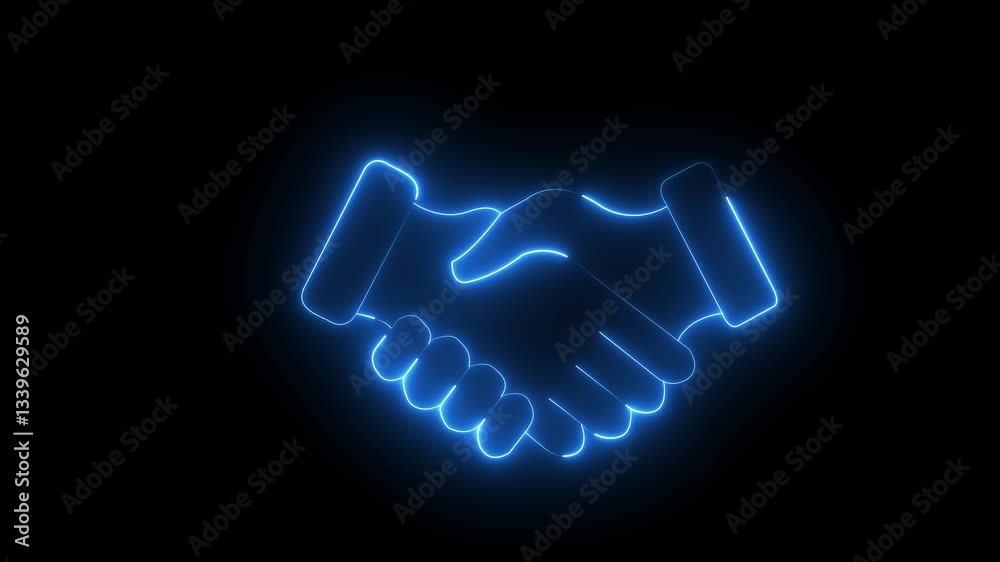 glowing neon Handshake icon animation with black background. business handshake animation. Glowing neon Symbol of handshake, agreement contract concept. Neon light animation concept icon check hand,