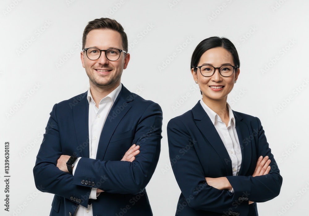 Confident business partners in corporate headshot, smiling with arms crossed in business attire Confident business partners in corporate headshot, smiling with arms crossed in business attire