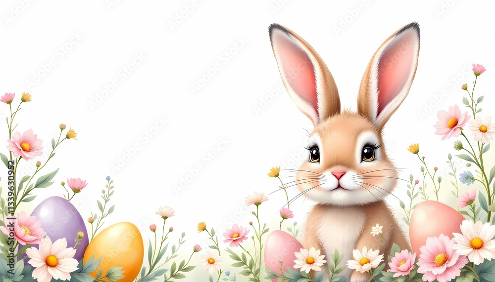 Cute Easter Bunny Surrounded by Colorful Eggs and Flowers Cute Easter Bunny Surrounded by Colorful Eggs and Flowers