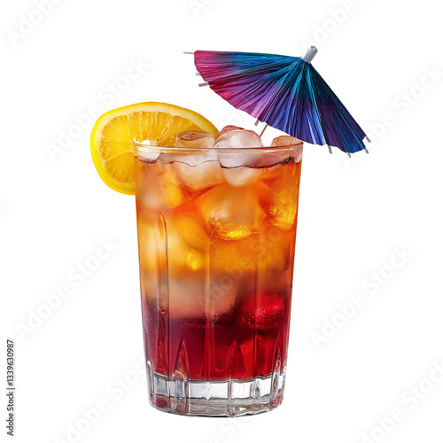 a vibrant cocktail with ice, lemon and umbrella isolated on white