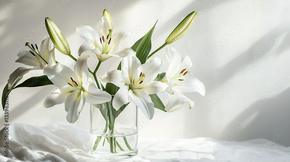 Fototapeta premium A vase filled with white flowers rests on a white tablecloth, casting a shadow against a wall
