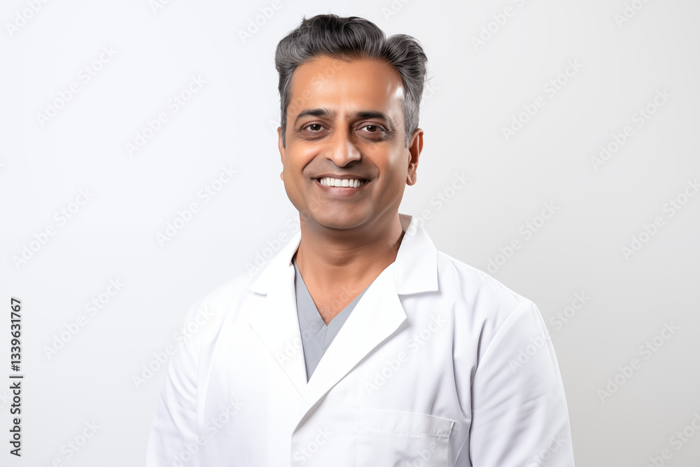 Smiling Indian dentist on white background providing professional dental care and promoting oral health with a friendly and confident approach to patient treatment and dental hygiene. Smiling Indian dentist on white background providing professional dental care and promoting oral health with a friendly and confident approach to patient treatment and dental hygiene.