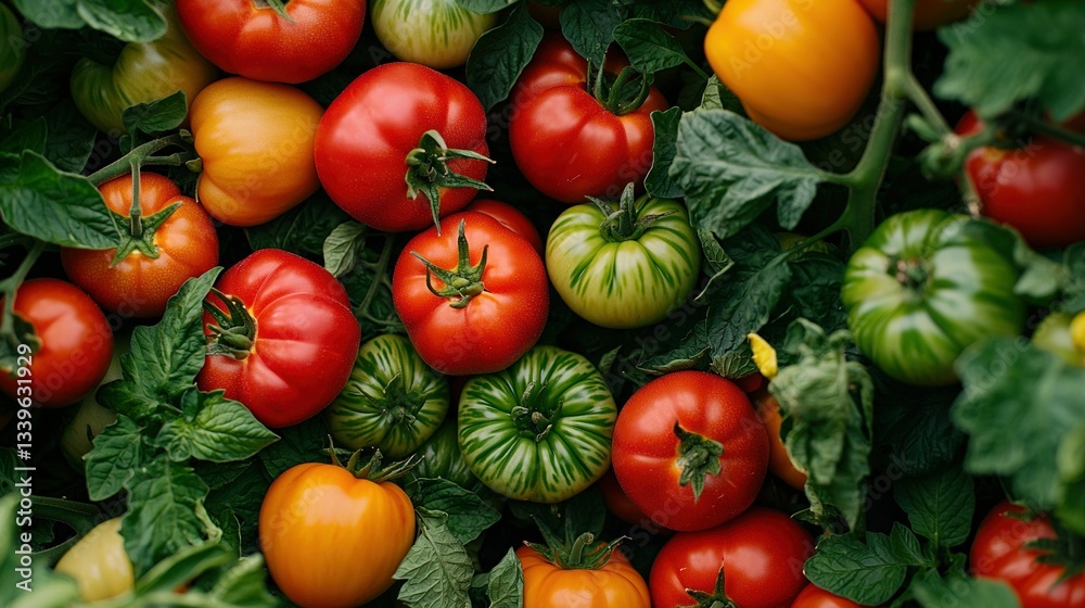 A close-up of diverse tomatoes on a vine with green foliage and yellow, red fruits in the backdrop A close-up of diverse tomatoes on a vine with green foliage and yellow, red fruits in the backdrop