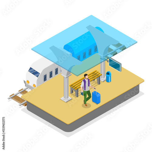 3D Isometric Flat Vector Illustration of Railway Station , Train Platform. Item 3