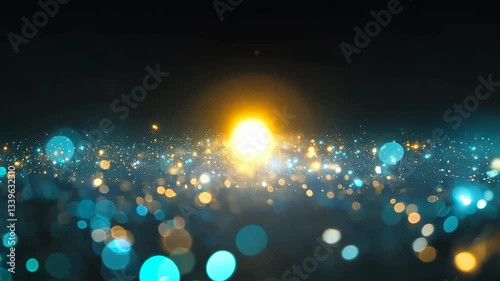 Black background with a yellow light shining on it. The light is surrounded by a lot of small, colorful dots