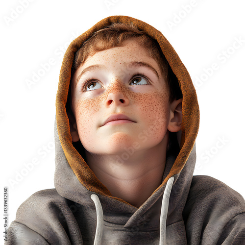Freckled boy in hooded sweatshirt looking up hopefully with an earnest expression on white background.