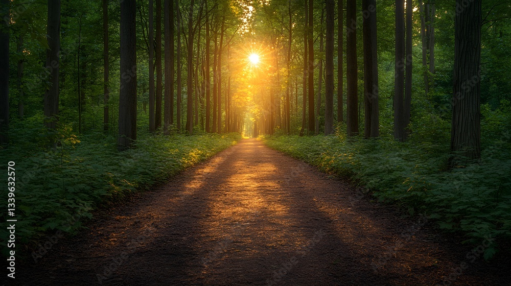 Fototapeta premium Serene forest path lined with tall trees under soft afternoon light, inviting peacefulness and escape into nature's tranquility