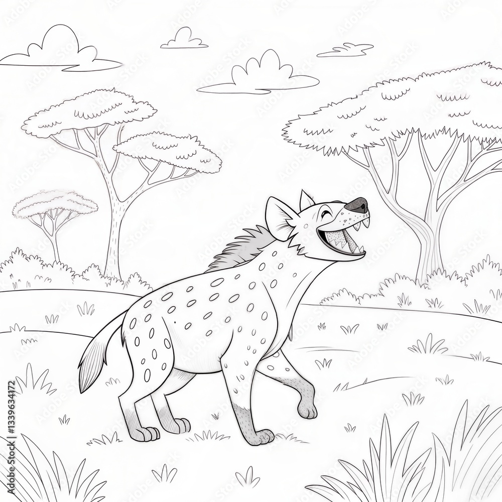 custom made wallpaper toronto digitalA laughing hyena in the savanna, only outline for coloring, drawn as an outline sketch, only black lines, no colors, simple and clean for a children's coloring book. (Coloring Pages)