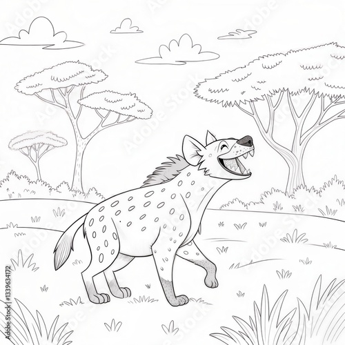 Wallpaper Mural A laughing hyena in the savanna, only outline for coloring, drawn as an outline sketch, only black lines, no colors, simple and clean for a children's coloring book. (Coloring Pages) Torontodigital.ca