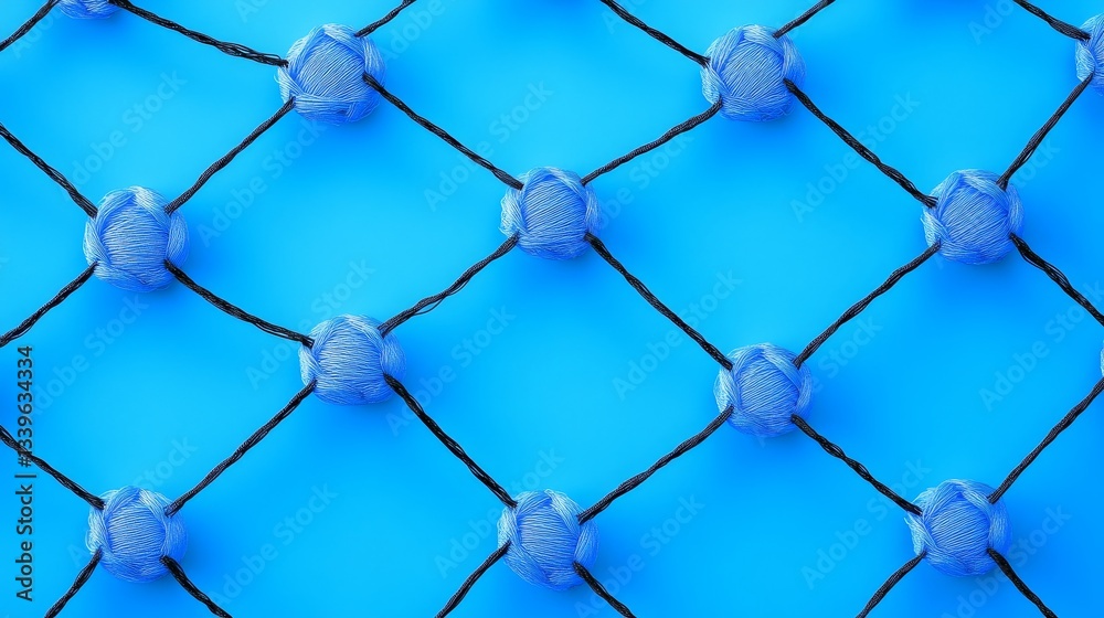 Fototapeta premium Blue Lights Net Pattern - Close-up of a net with blue light decorations on a vibrant blue background. Perfect for backgrounds, textures, and design elements