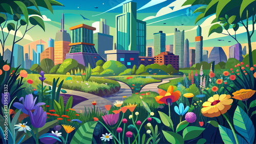A lush urban green space flourishes with vibrant wildflowers, showcasing biodiversity amidst the concrete jungle of a bustling city center.