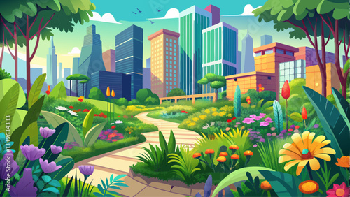 A lush urban green space flourishes with vibrant wildflowers, showcasing biodiversity amidst the concrete jungle of a bustling city center.