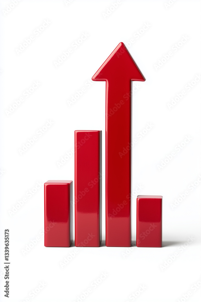 Red 3D bar chart with an upward trending arrow isolated on white Red 3D bar chart with an upward trending arrow isolated on white