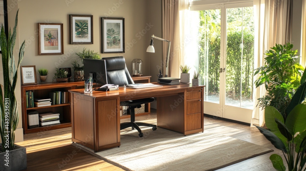 Fototapeta premium Sunlit Home Office with Wooden Desk and Lush Greenery