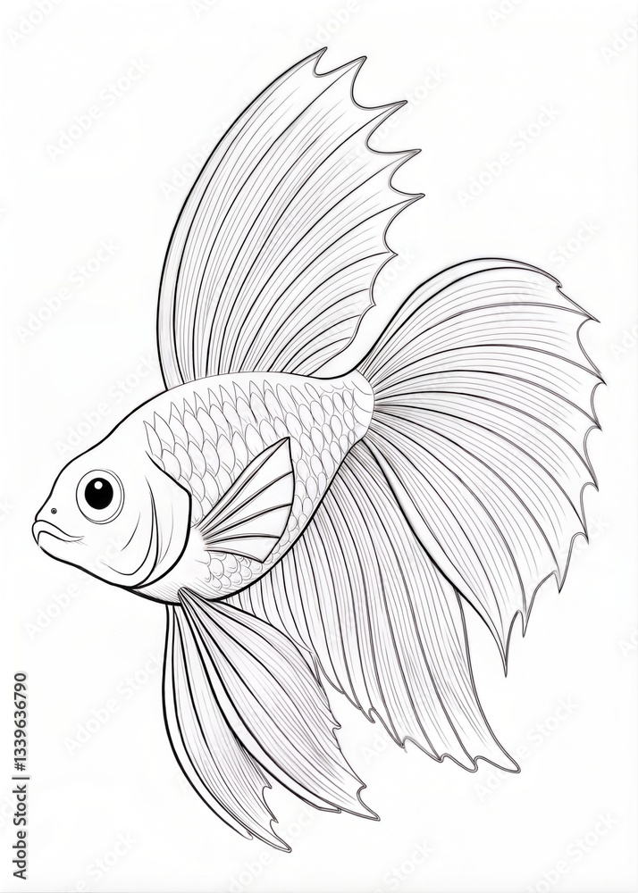 Fototapeta premium A tropical fish with beautiful fins, only outline for coloring, drawn as an outline sketch, only black lines, no colors, simple and clean for a children's coloring book.