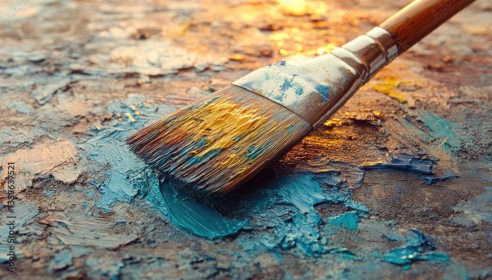 Fototapeta premium Close-up of paintbrush with blue and yellow oil paint. Illustrates the artistic process and texture of painting.