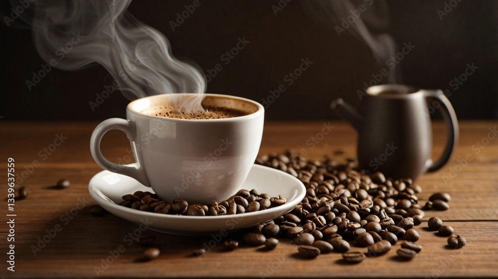 Fototapeta premium Cup of coffee with beans and hot water mug