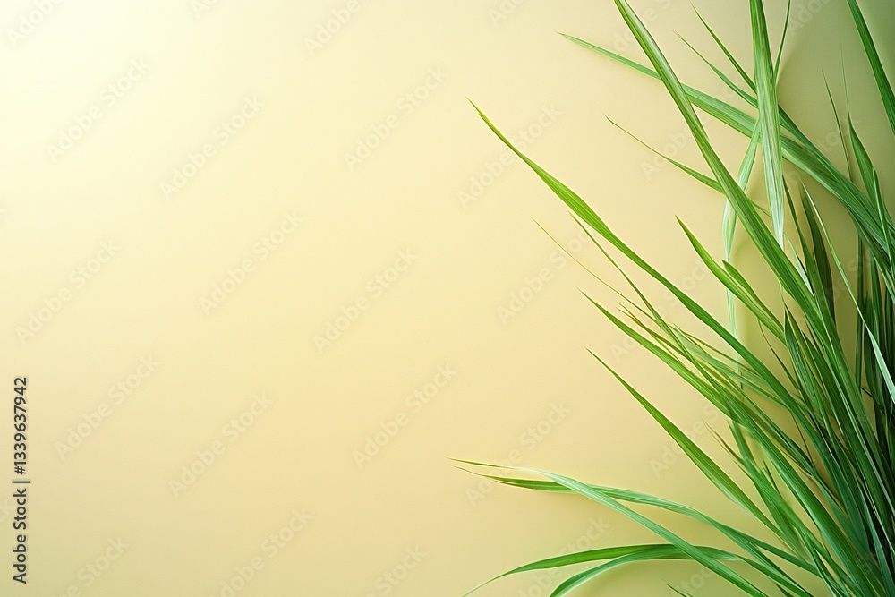 Fototapeta premium Easter Background, Easter Banner, Lush Green Grass Blades on Pastel Yellow Background Summer Nature Minimalist Design