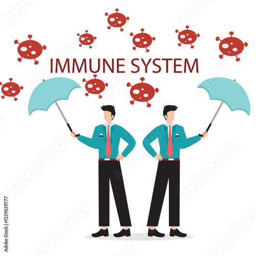 Strong immune system concept. Powerful man character under red umbrella reflect virus or infectious bacteria. Metaphor vector illustration template with city building background stock illustration