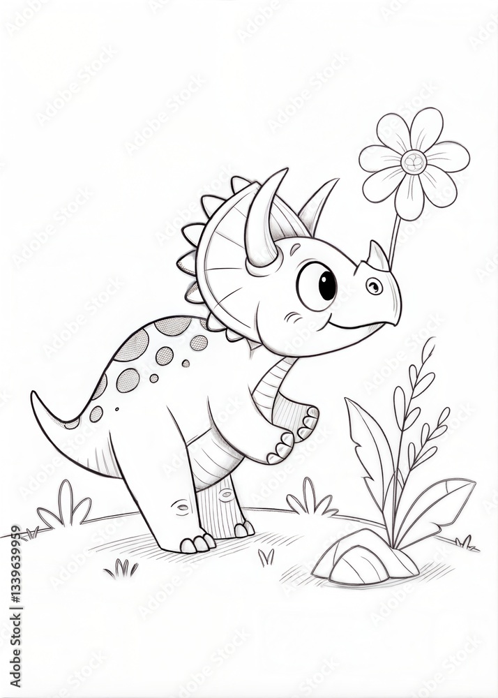Fototapeta premium Cute Triceratops Baby Outline for Coloring Book, Simple Cartoon Sketch with Flower 