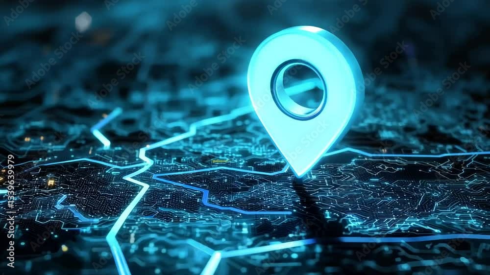 Blue dot with a pointy top is on a map. The dot is surrounded by a blue line