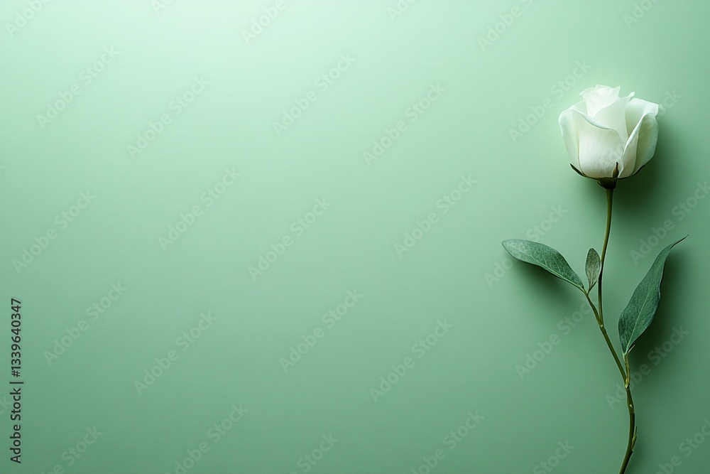 Fototapeta premium Easter Background, Easter Banner, Elegant Single White Rose on a Soft Green Background Minimalist Floral Image