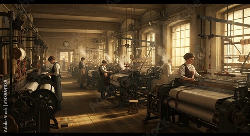 Vintage Textile Mill with Women Operating Looms in Industrial Era