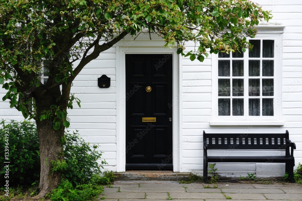 Fototapeta premium Black front door of a white house with a tree and bench nearby