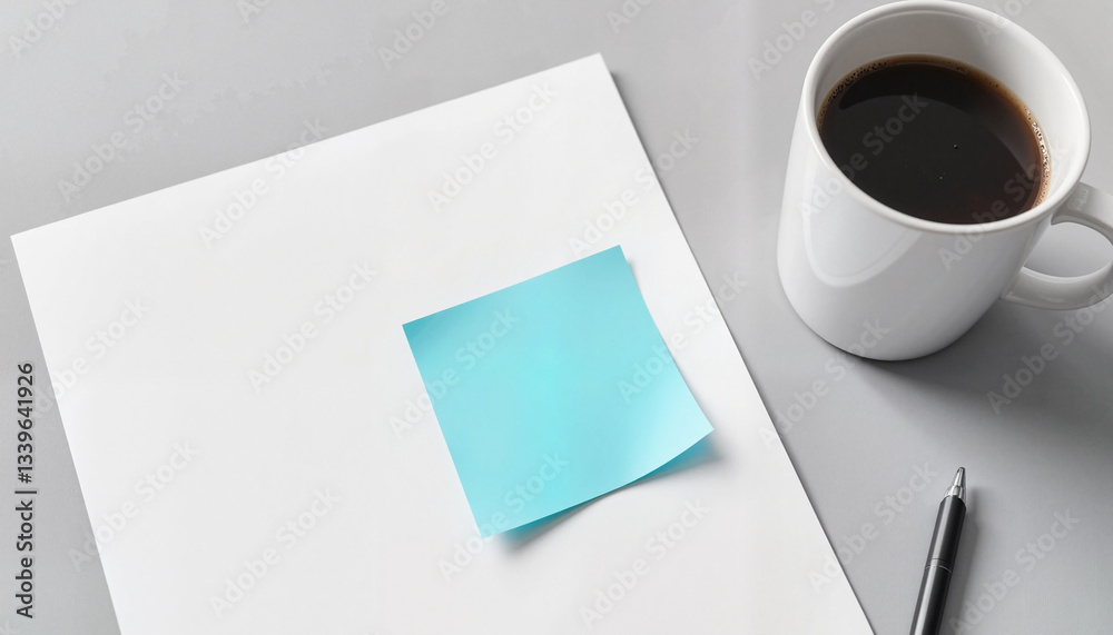 Blank notepad with a blue sticky note and coffee cup on a desk Blank notepad with a blue sticky note and coffee cup on a desk