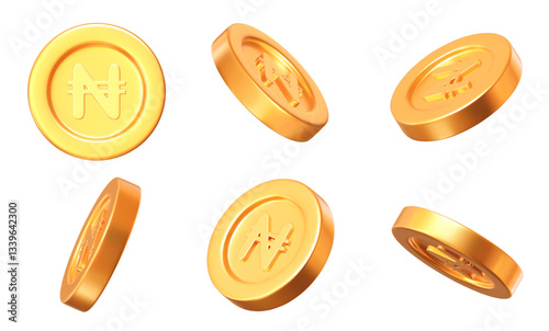 3d set of golden Nigerian Naira coin with different angles. Stock vector illustration on isolated background.	