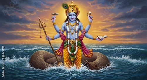 Lord Vishnu Resting on Sheshnag in the Cosmic Ocean