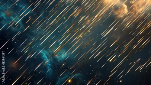 Bright blue sky with a stream of gold stars falling from it. The stars are scattered throughout the sky, creating a sense of movement and energy. The scene is dynamic and captivating
