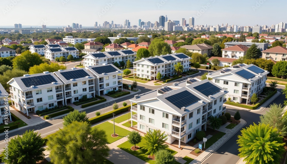 Fototapeta premium Modern residential buildings surrounded by greenery and city skyline 