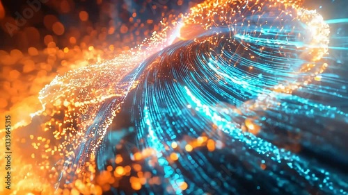 Bright orange and blue swirl of light and dark blue and orange sparks. The light is coming from the center of the image and the dark blue and orange sparks are coming from the edges