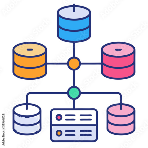 Multiple colorful databases are interconnected, illustrating the flow of data towards decision trees, highlighting their significance in data analysis and decision-making processes