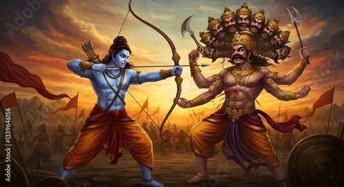 Lord Rama Aiming His Bow at the Ten-Headed Ravana, Depicting the Epic Battle from the Ramayana