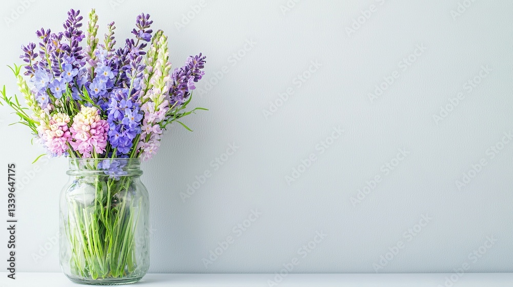 Fototapeta premium Purple and pink flowers in a white vase on a white table against a white wall